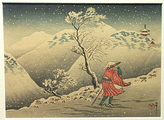 Buddhist Pilgrim on a Snowy Mountain Path
