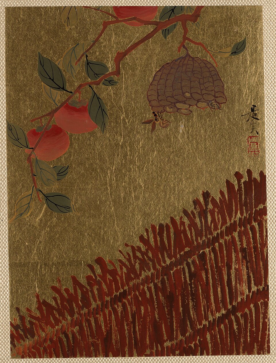 Persimmons Branch and Wasp Nest above a Hedge
