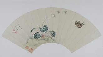 马荃草虫花卉图扇页