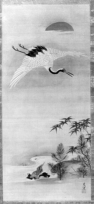 Crane, Tortoise, Pine, and Bamboo under a Rising Sun