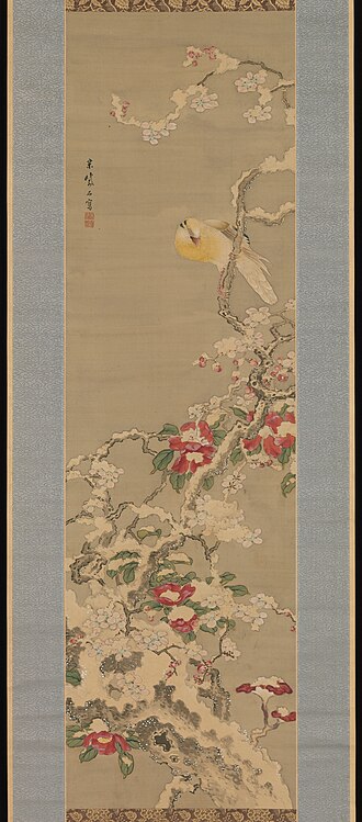 Bird among Camellias in Snow