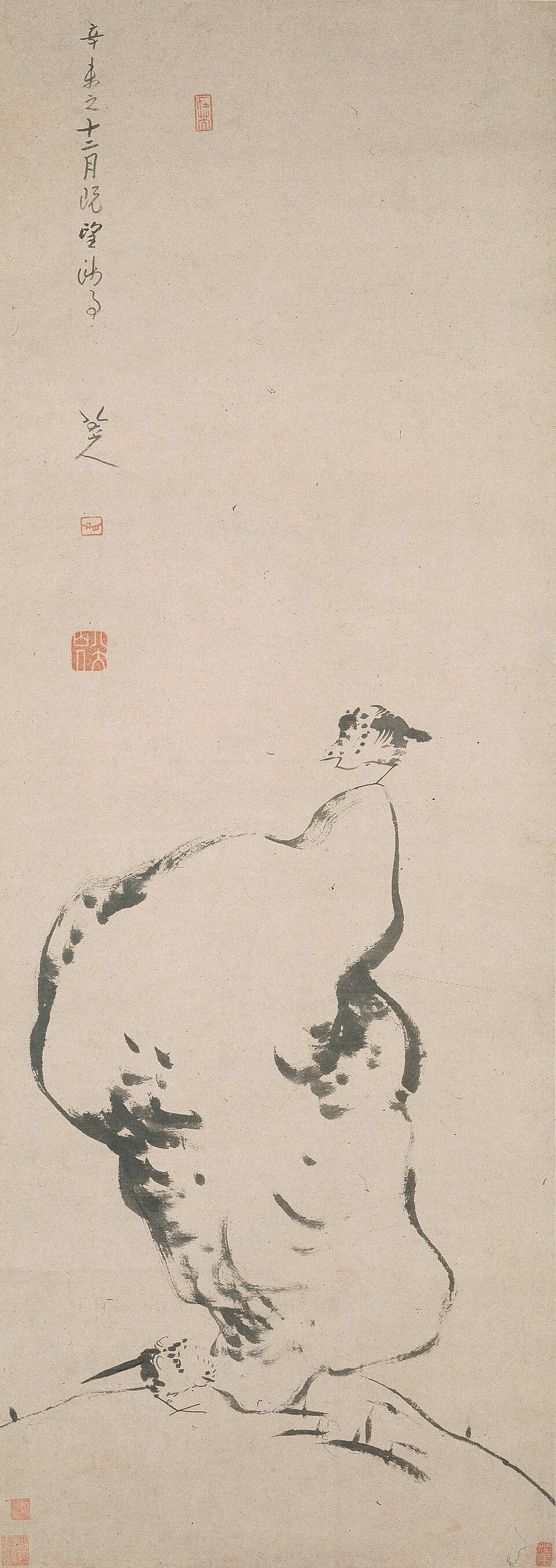 清  朱耷 湖石双鸟图轴