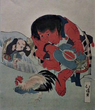 Kintarō arbitrating a fight between a tengu and a cock