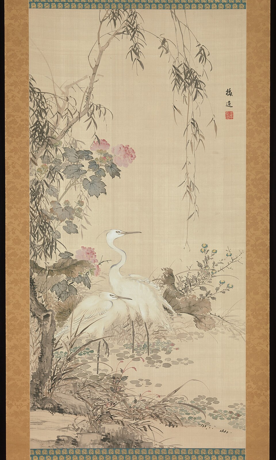 Egrets, Peonies, and Willows
