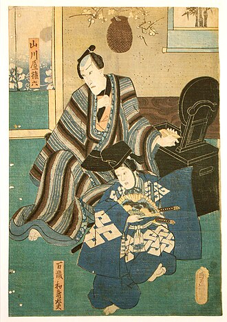 Kabuki Actor (possibly Kikugoro III) as Yamagawaya Gonroku, and a Child Actor as Monzai Wakadayu
