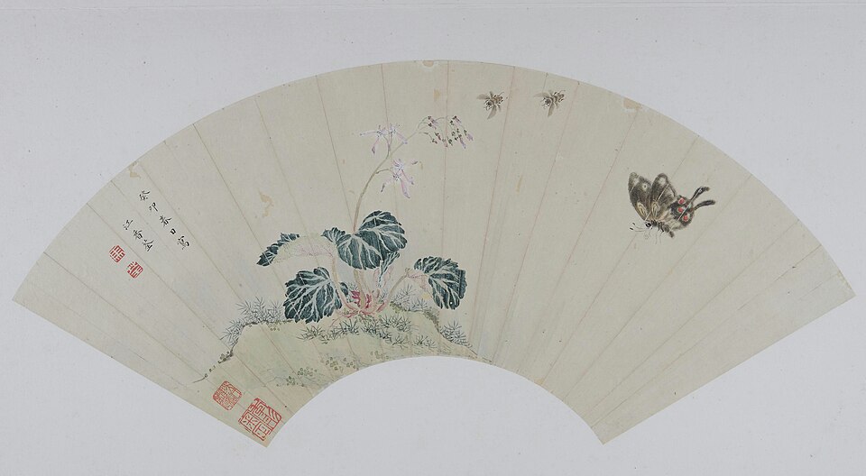 马荃草虫花卉图扇页