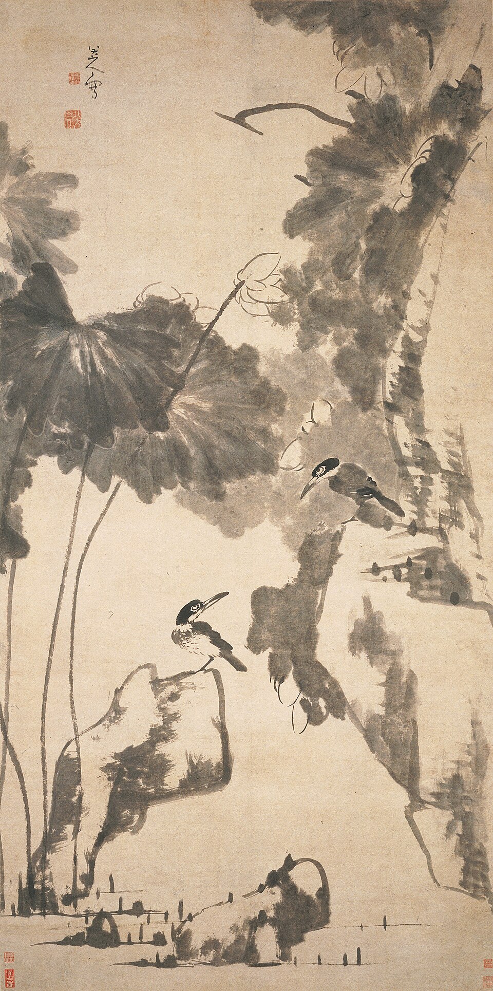 清  朱耷  荷花翠鸟图轴
