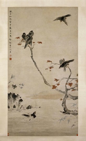 华嵒秋树八哥图轴