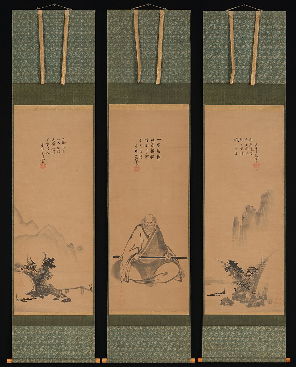 Zen Master with Meditation Staff, and Chinese-Style Landscapes